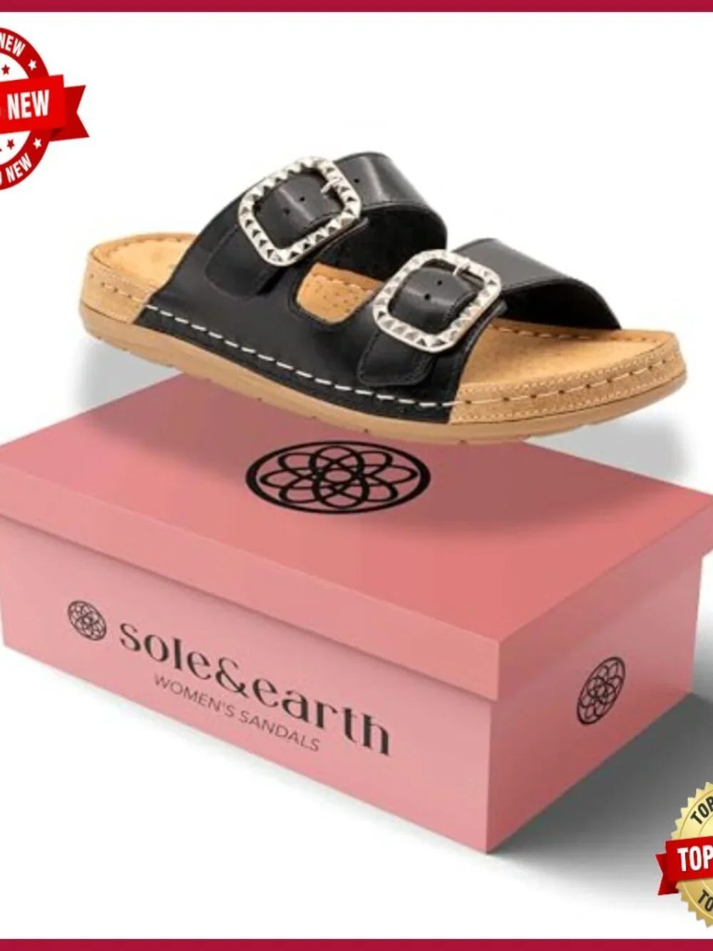 Leather Studded Double-Buckle Slide Sandals, Women's US 6-10, Full-Grain